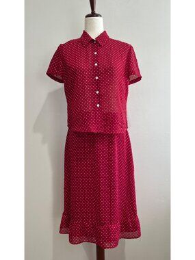 Jones Wear Skirt Set Womens 8 Red Polka Dot Sheer Lined Ruffle 90s Career